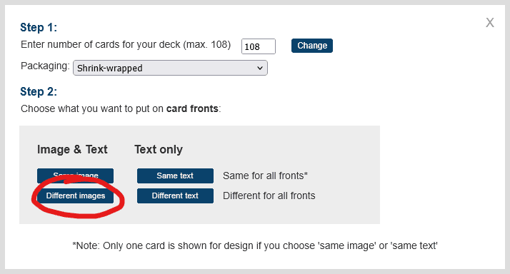 MPC dialog showing the card count field and the Different images option circled