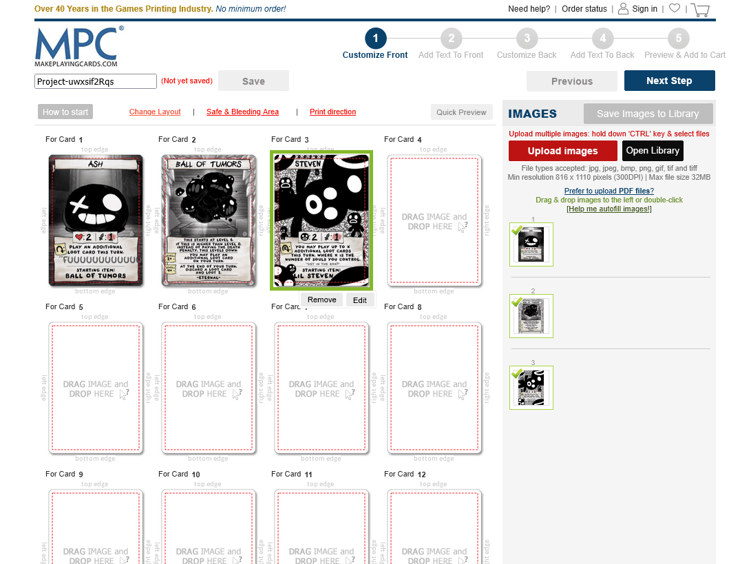 MPC card editor showing card front slots with some images already uploaded