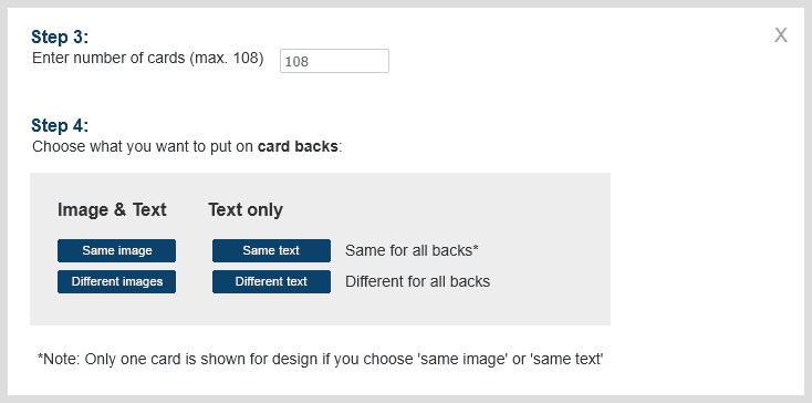 MPC dialog showing the card backs section with Different images selected