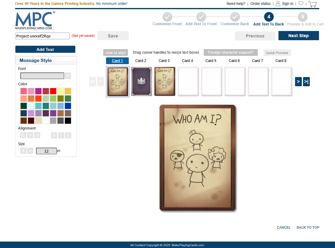 MPC Add Text To Back step, click Next Step to skip